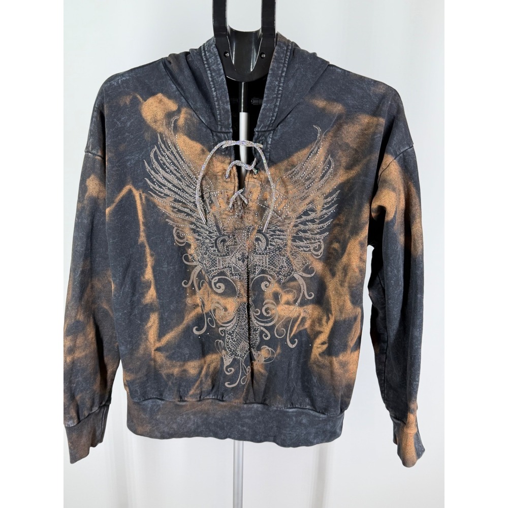 Affliction Live Fast Hoodie Womens XL Black Copper Acid Wash Rhinestone Lace Up - Picture 1 of 6